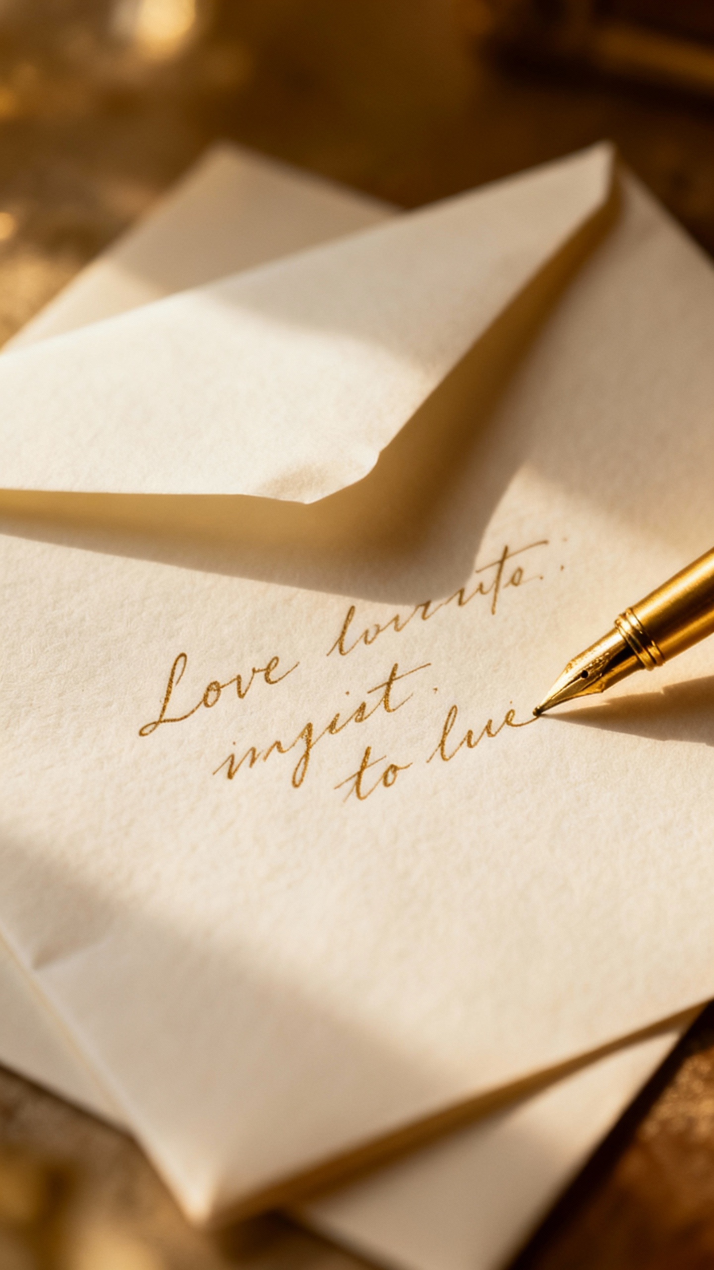 handwritten love letter on thick stationery, gold pen, soft light