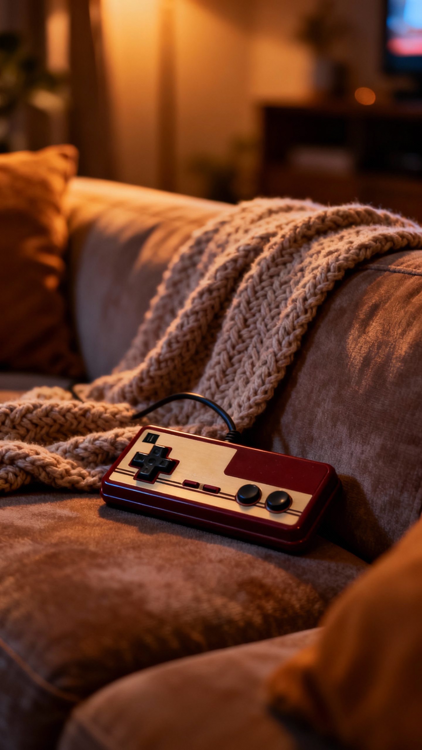 Cozy couch, blanket, retro game controller, dim warm lamp