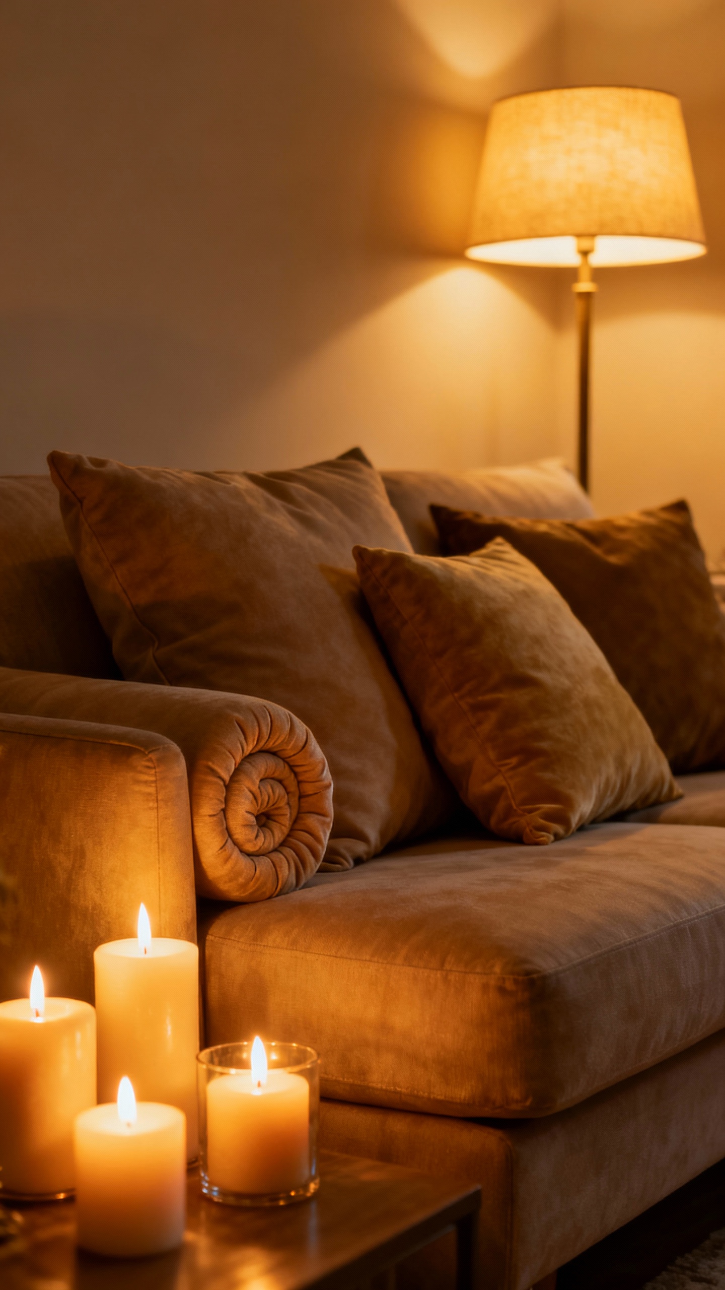 warm-lit living room lamp, candles, fluffed pillows, tidy couch