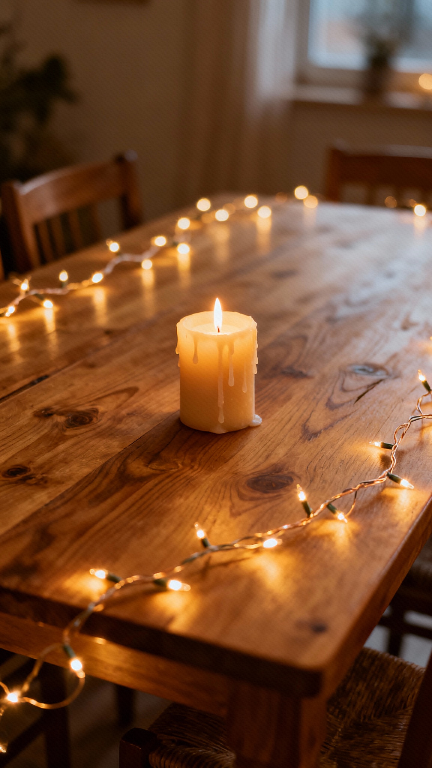 warm string lights and candles on wooden dining table
