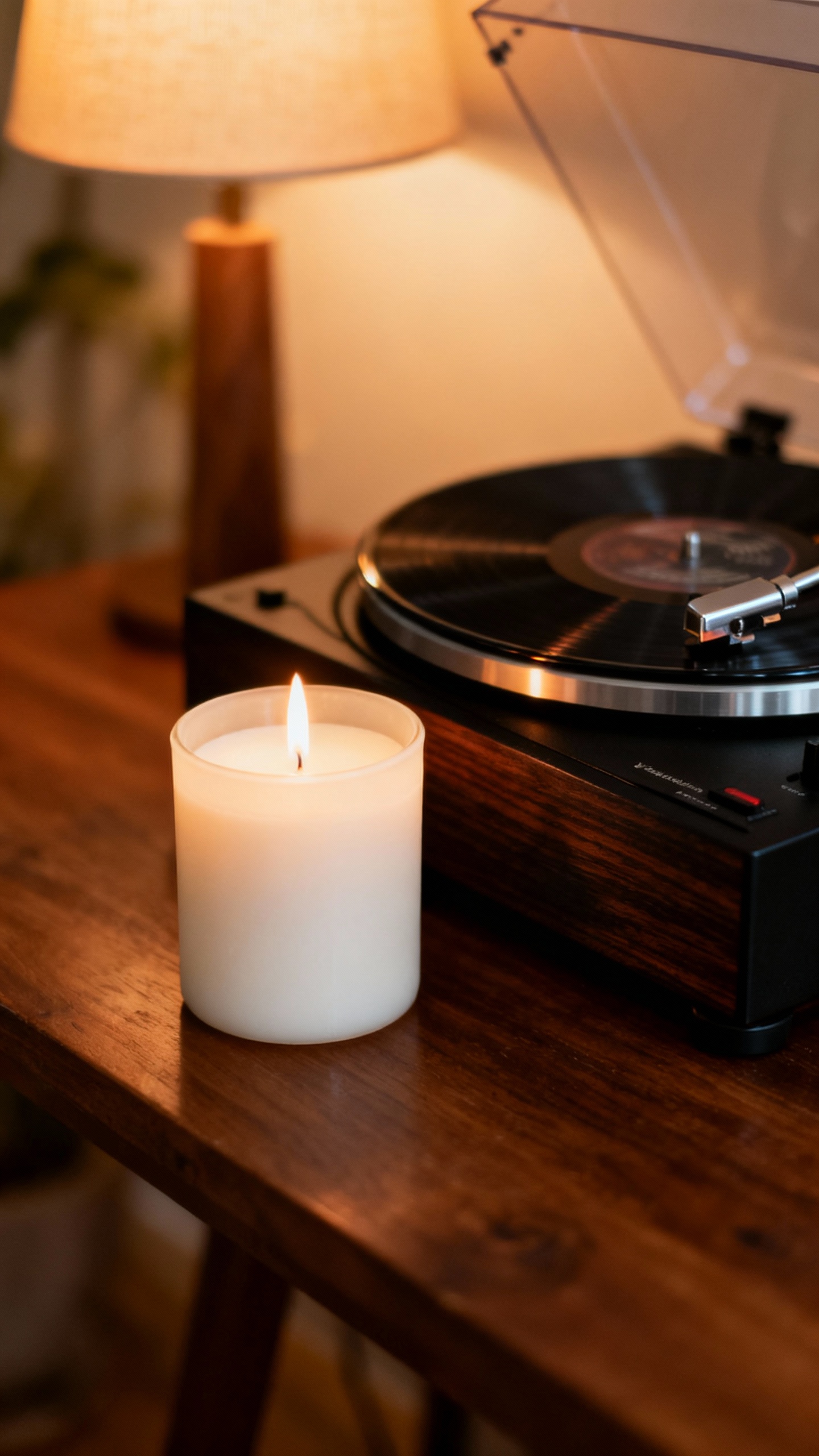 vanilla candle, vinyl record player, low lamp lighting