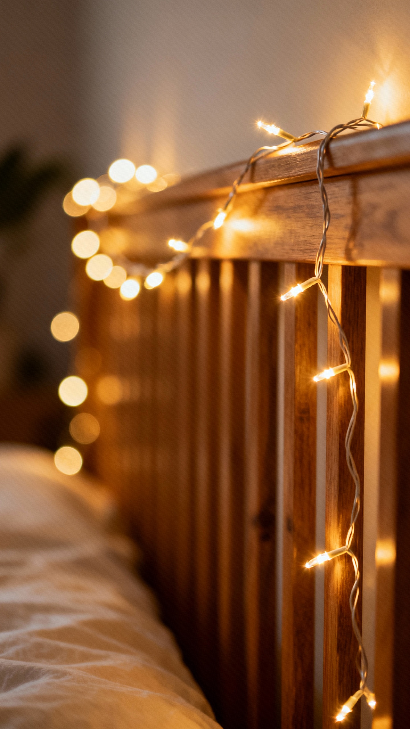 LED micro-string lights draped headboard, soft bokeh