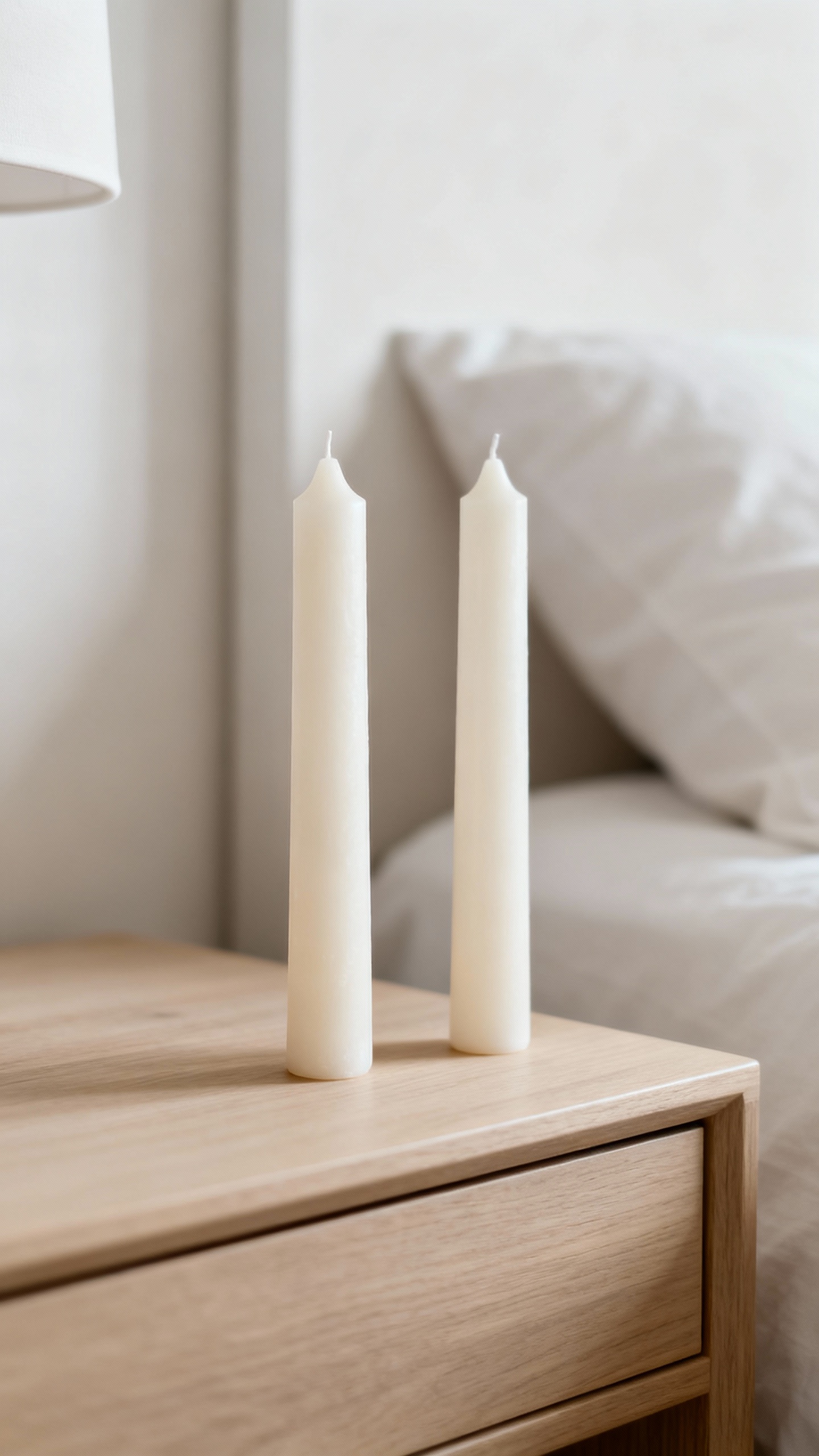 Unscented taper candles on nightstands, minimalist bedroom
