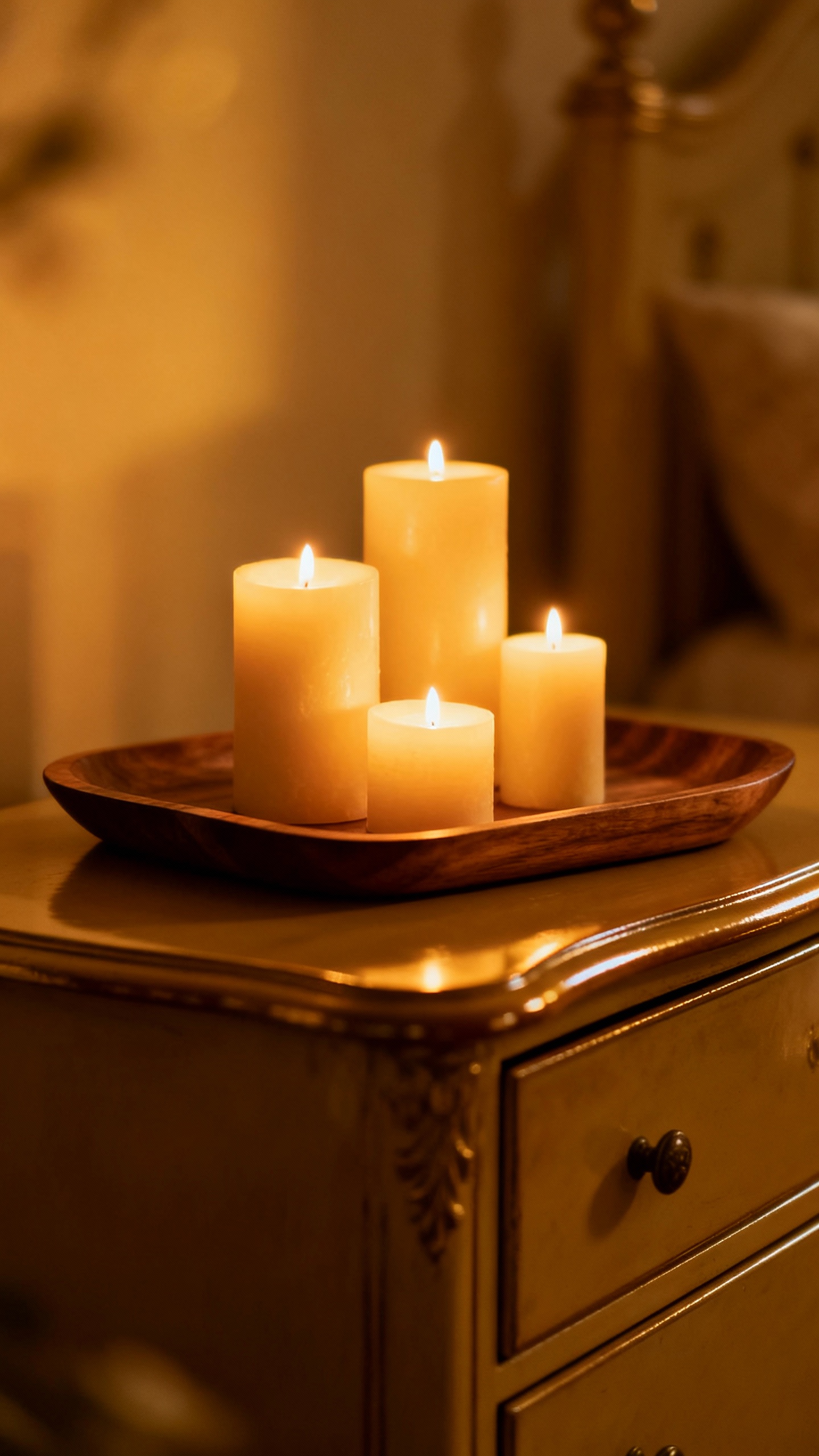 Pillar candles on tray atop dresser, romantic glow