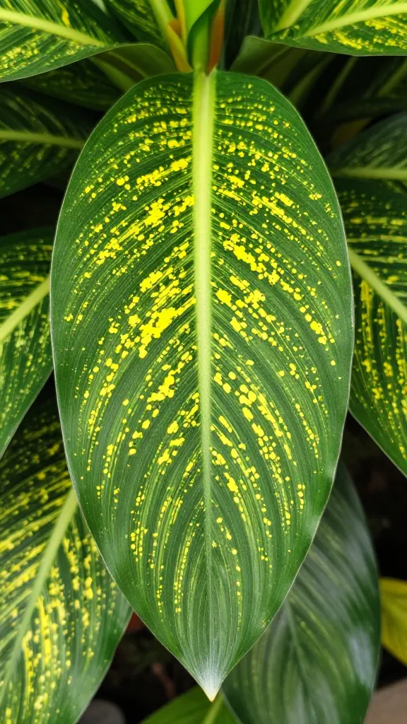 closeup Gold Dust Dracaena leaf showing yellow speckles