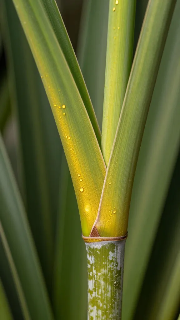 macro of Gold Dust Dracaena cane with new leaf unfurling
