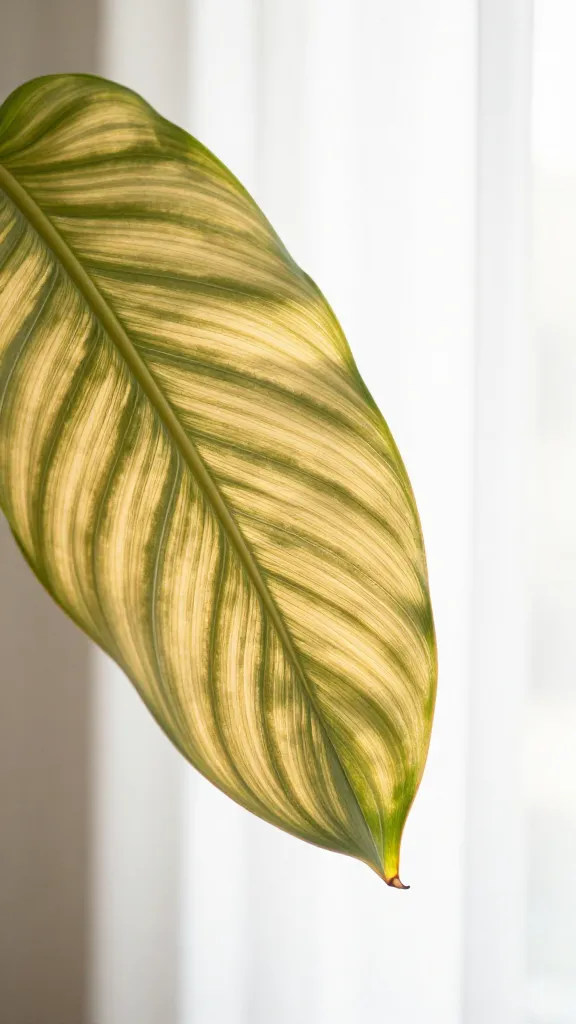 Gold Dust Dracaena leaf texture in bright indirect window light