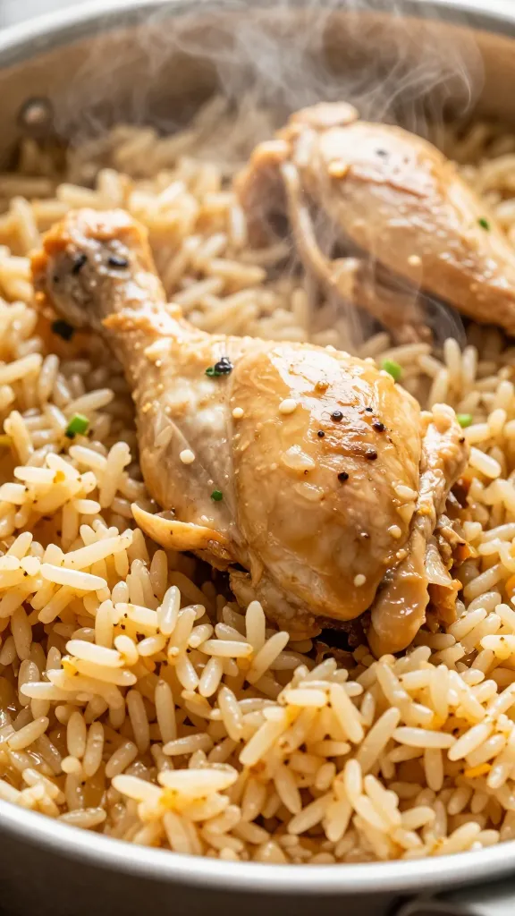 closeup casserole of no-peek chicken and rice, steaming