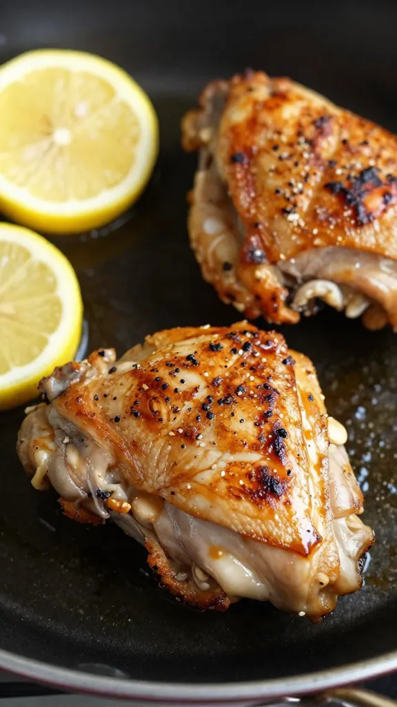 closeup of seared chicken thigh in skillet with lemon slice
