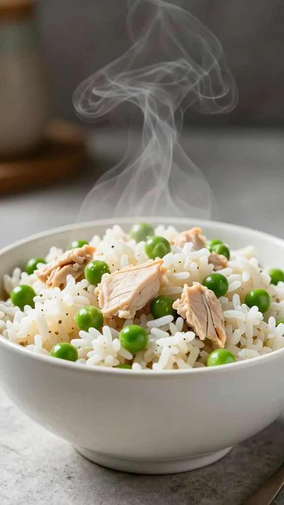 single bowl of chicken and rice with peas, steam rising