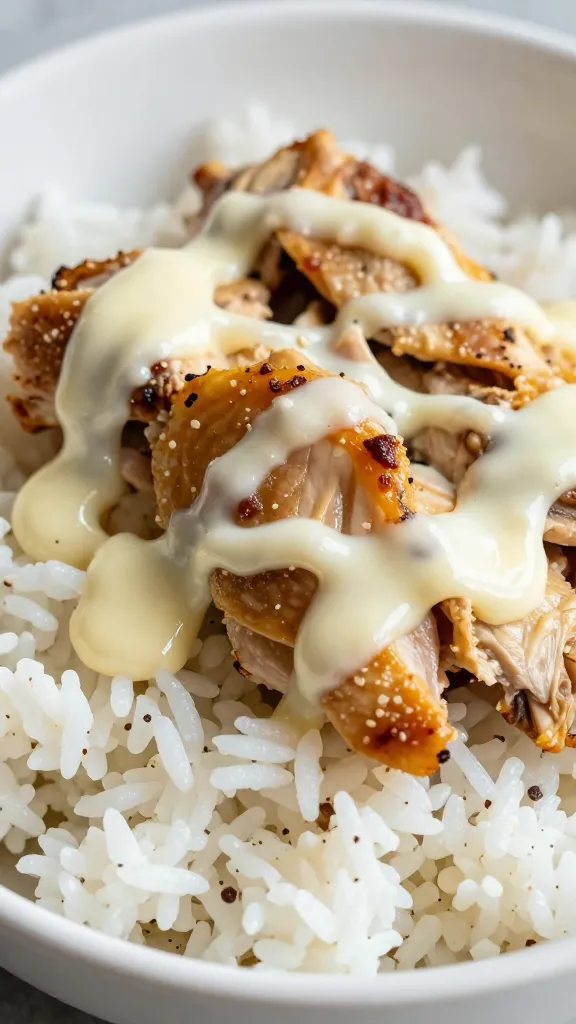 closeup chicken and rice bowl with creamy garlic drizzle