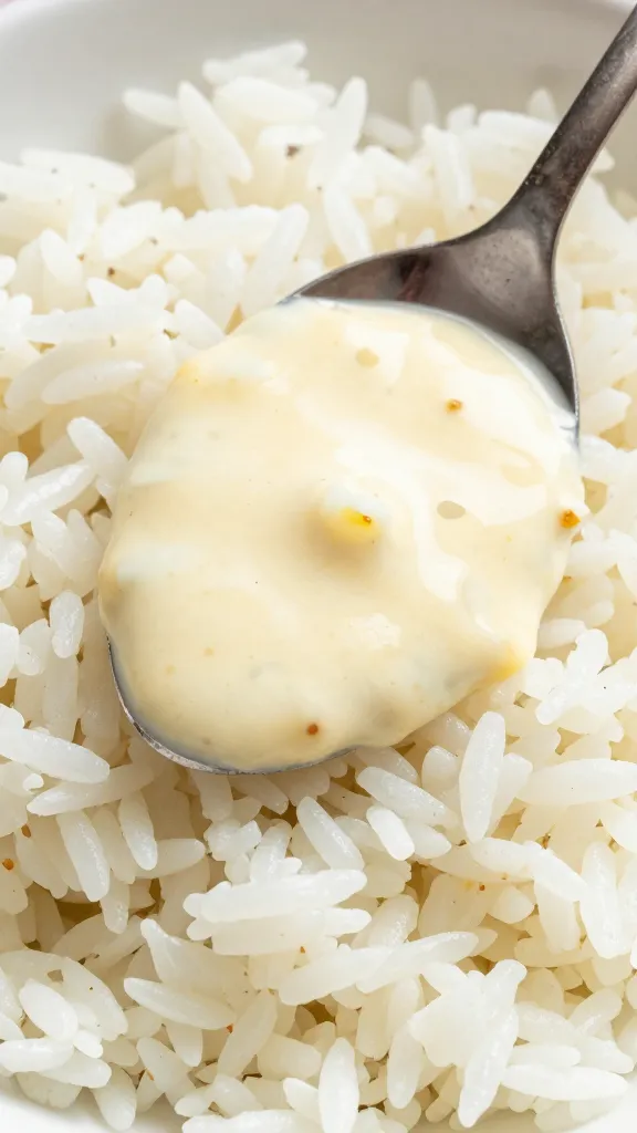spoonful of creamy garlic sauce over jasmine rice