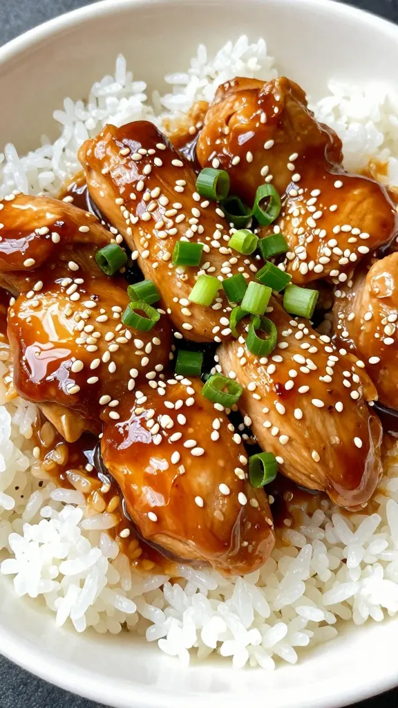 closeup of teriyaki chicken rice bowl with sesame and scallions