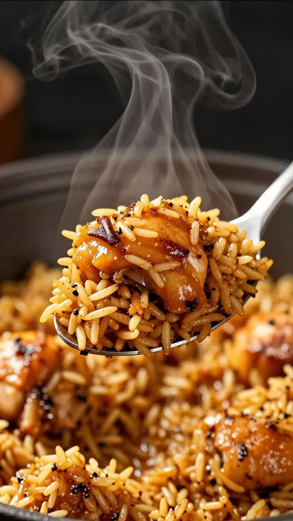 spoonful of smoky Cajun rice with chicken thigh, steam rising
