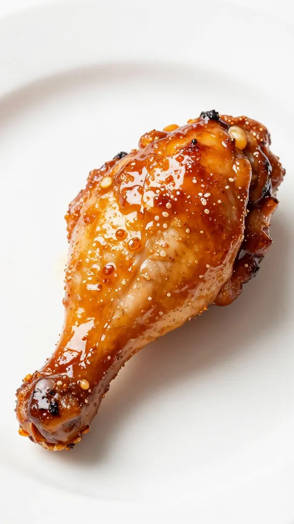 closeup honey bbq glazed chicken thigh on white plate