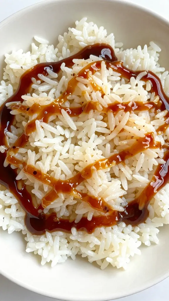 bowl of fluffy white rice with glossy bbq sauce drizzle