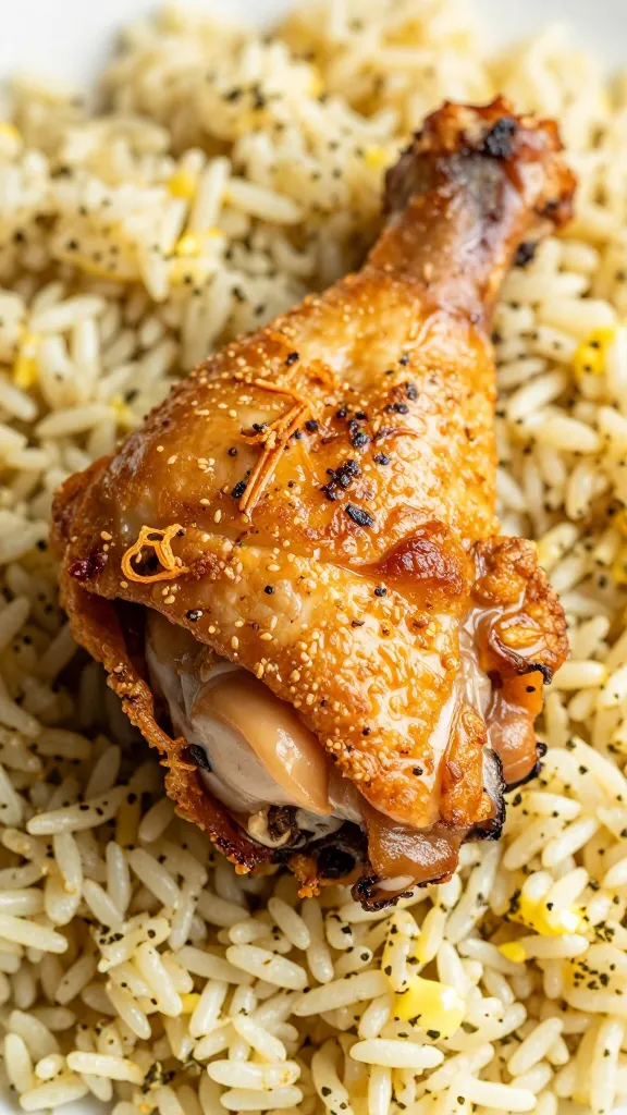 closeup of crispy-skinned chicken thigh on buttery herbed rice