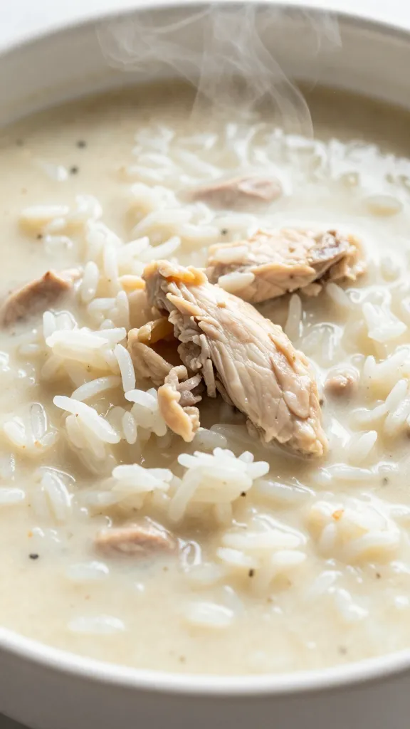 closeup bowl of creamy chicken and rice soup, steam rising