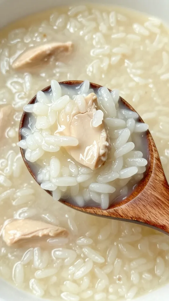 wooden spoon scooping silky chicken and rice soup, macro shot
