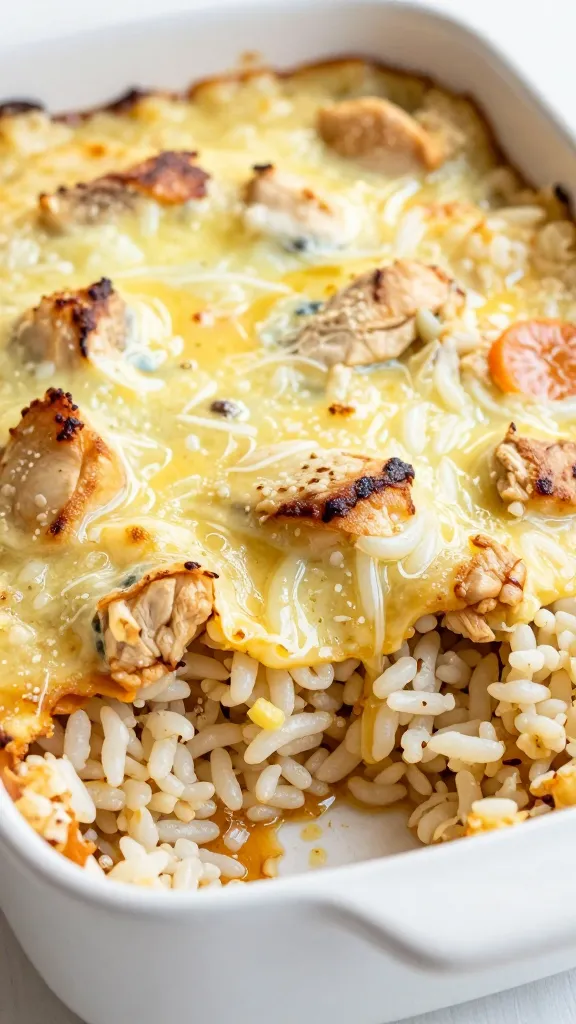 closeup of bubbly chicken and rice casserole in white baking dish