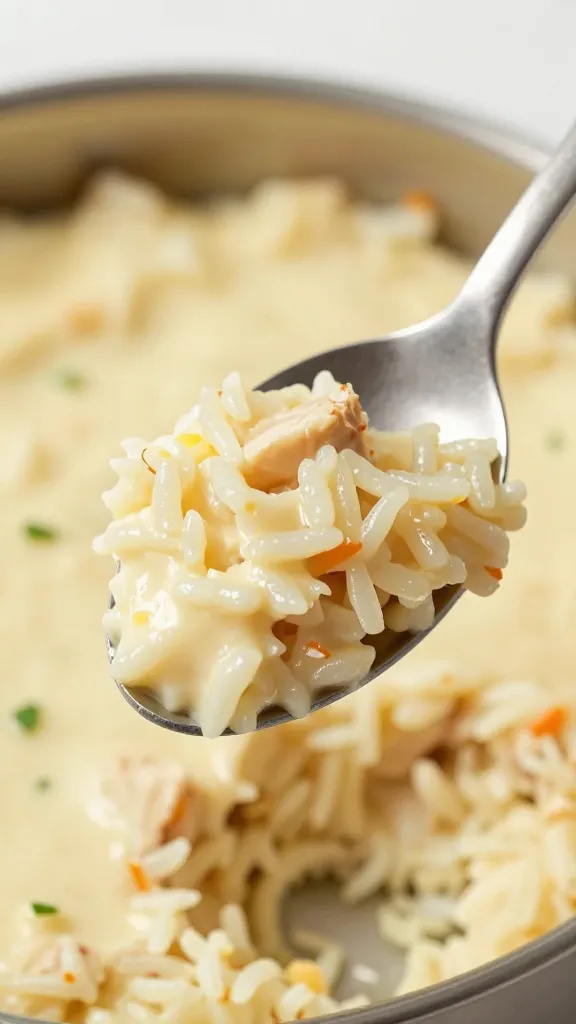 single spoonful of creamy chicken rice casserole on silver spoon