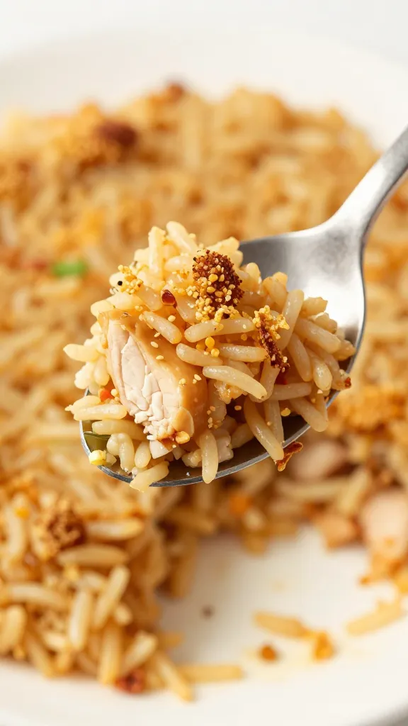 single spoonful of crunchy-topped chicken rice casserole on silver spoon