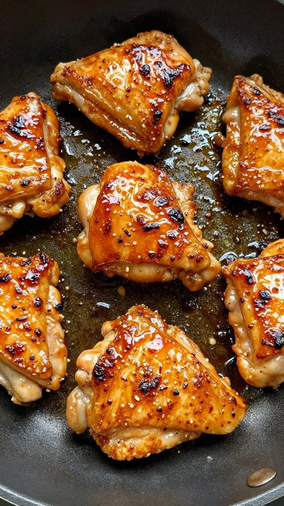 closeup skillet honey garlic chicken thighs, glossy caramelized glaze