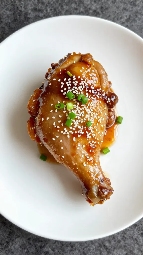 single plate honey garlic chicken thigh with sesame, green onion garnish