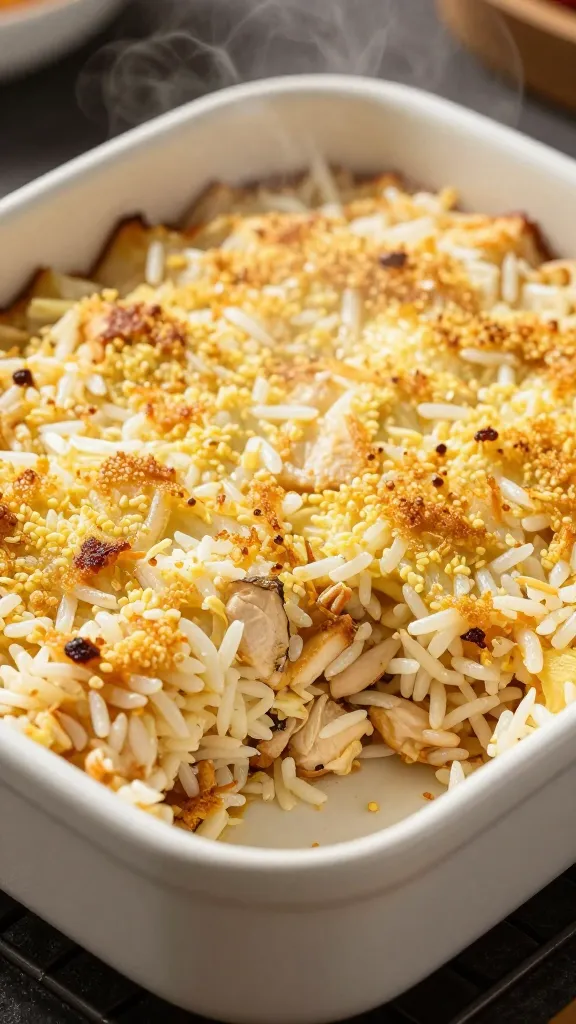golden breadcrumb-topped chicken rice casserole corner, steaming, shallow depth