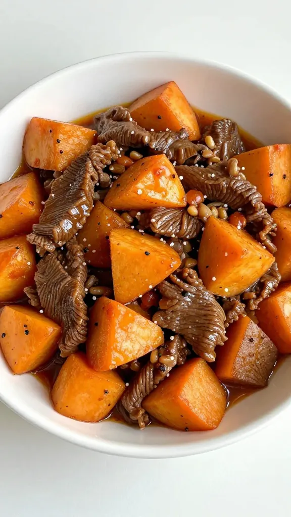 single bowl of spiced beef and sweet potato skillet, garnished