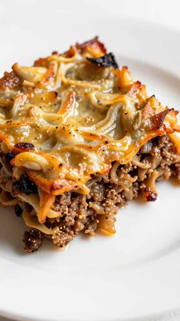 closeup slice of cattle drive casserole on white plate