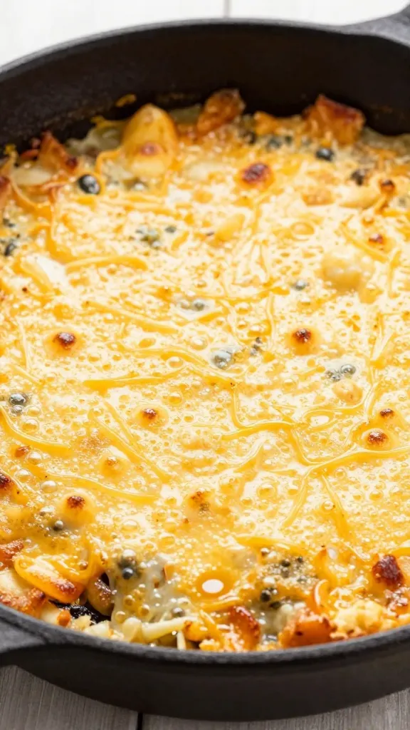golden bubbly cheese topping on cattle drive casserole in skillet