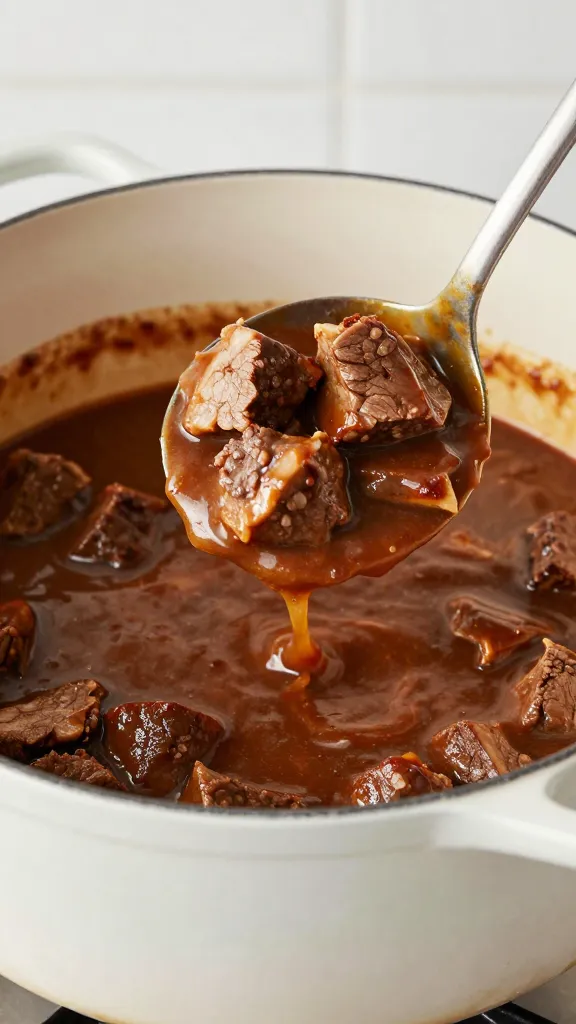 ladle scooping saucy beefaroni from enameled Dutch oven