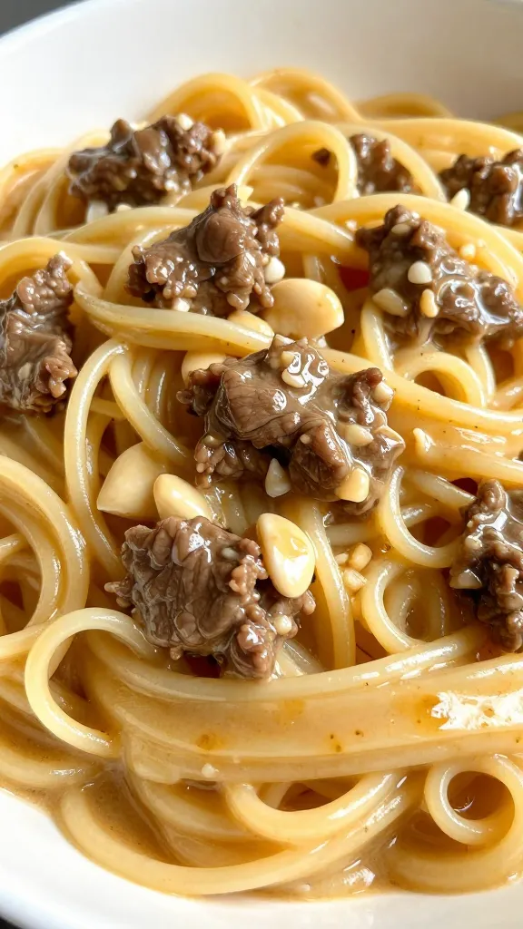 closeup bowl of beef and garlic butter pasta, glossy sauce