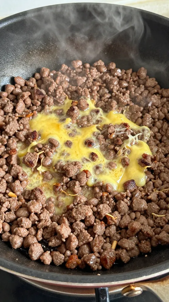 seared ground beef in skillet with melted garlic butter, steam