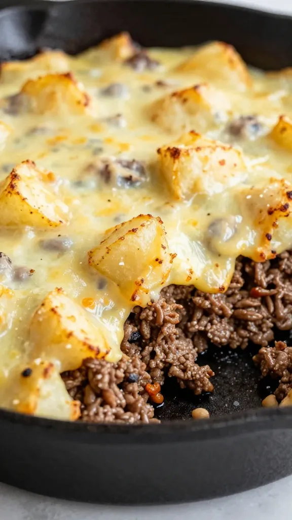 closeup of cheesy ground beef and potato casserole in cast-iron skillet