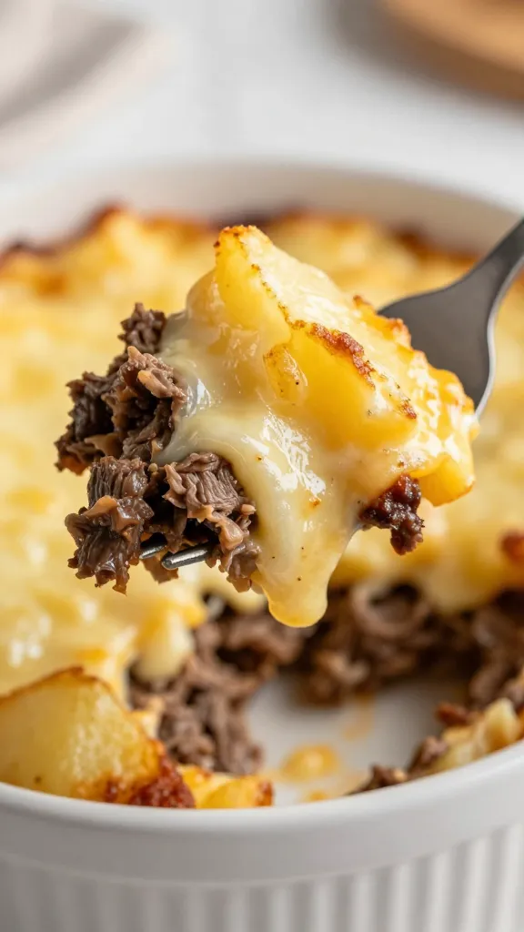 single forkful of molten cheesy beef and potato casserole, shallow depth of field
