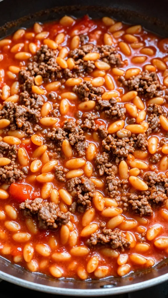 closeup skillet of ground beef orzo in tomato cream sauce