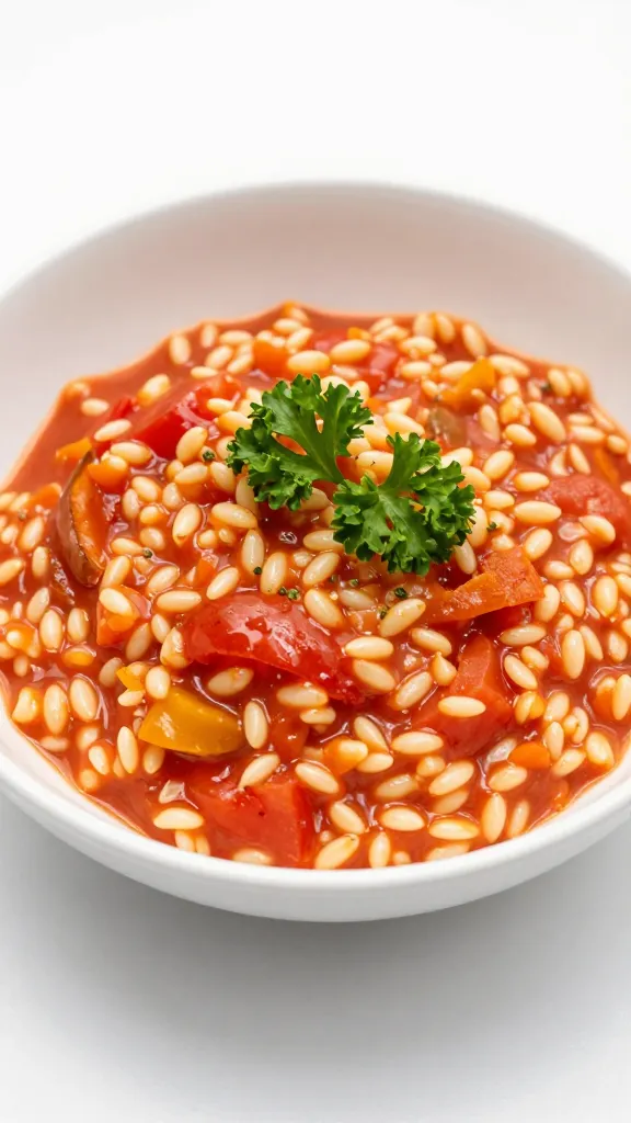 single white bowl of creamy tomato orzo with parsley garnish