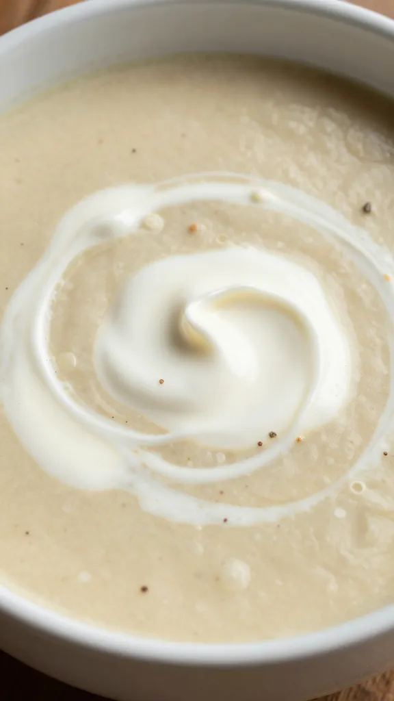 closeup bowl of creamy taco soup with sour cream swirl