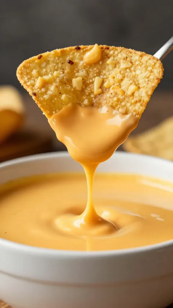 single tortilla chip dipped in cheesy taco soup, dripping queso