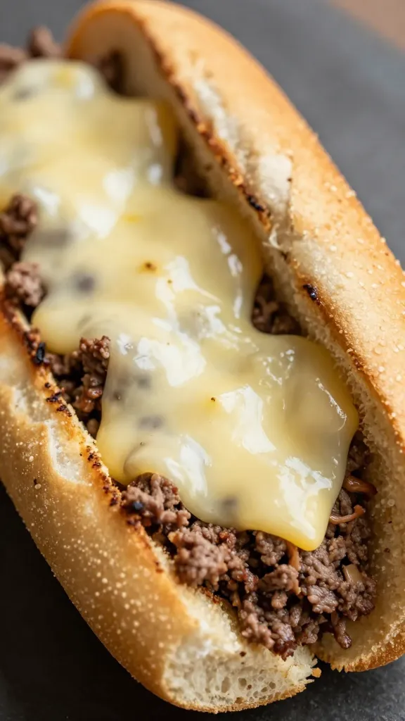 closeup ground beef cheesesteak on hoagie roll, melty provolone