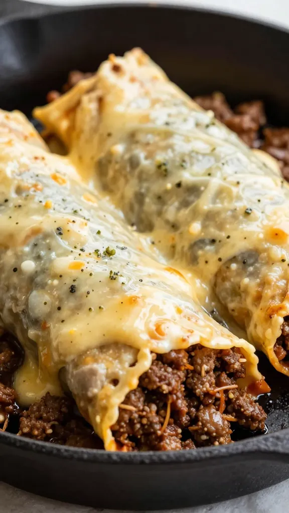 closeup of cheesy ground beef enchilada on cast-iron skillet