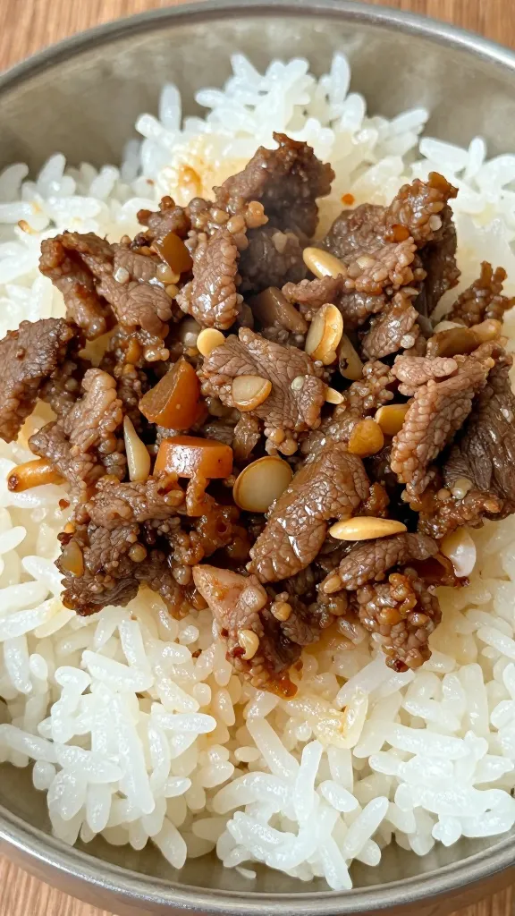 closeup bowl of Korean ground beef over steamed white rice