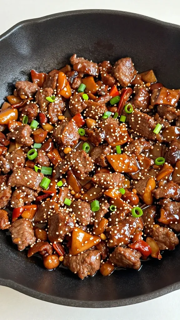skillet of glossy Korean ground beef with sesame seeds and scallions