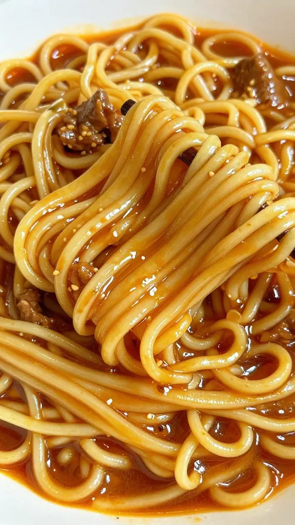 closeup bowl of Mongolian ground beef noodles, glossy sauce