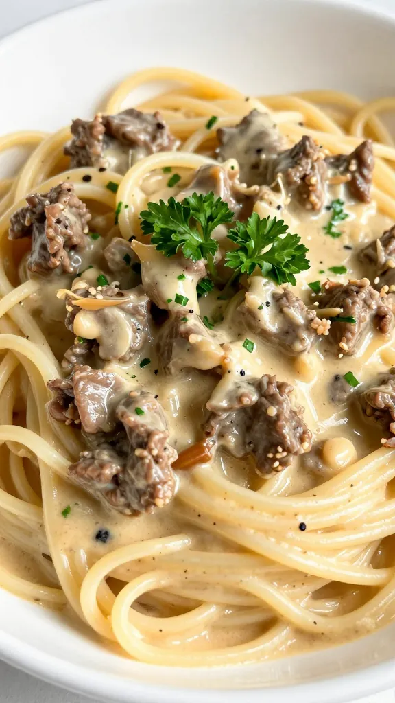 closeup bowl of creamy beef pasta with parsley garnish