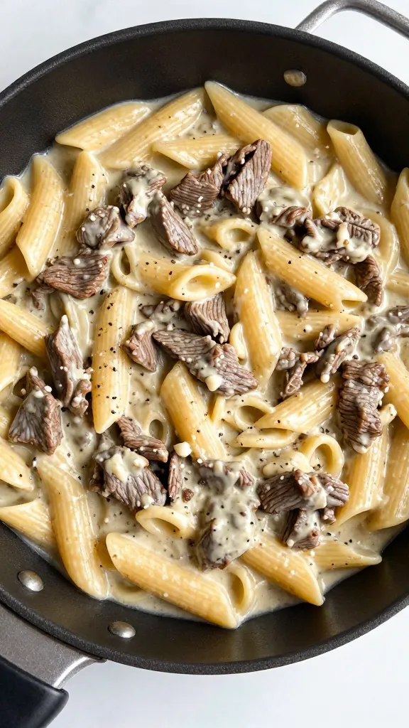 single skillet of high-protein creamy beef pasta, overhead