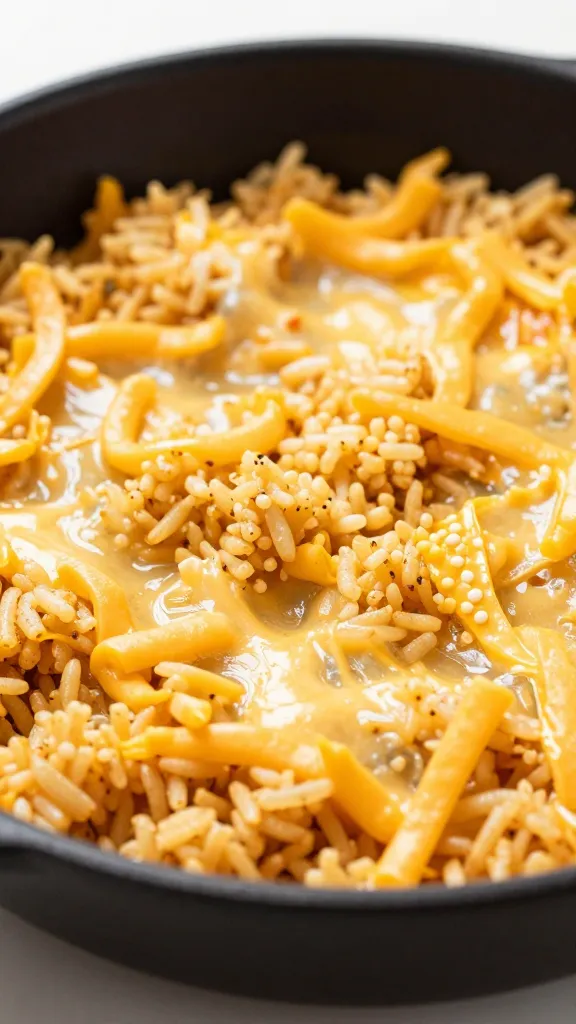 Closeup skillet of cheesy taco rice with melted cheddar