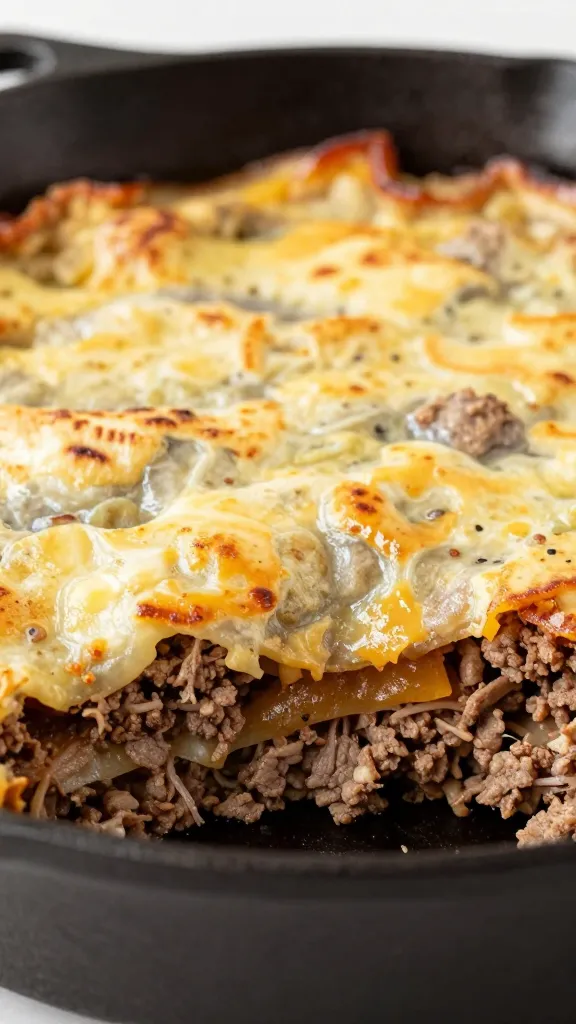 Closeup of layered ground beef hobo casserole in cast-iron skillet